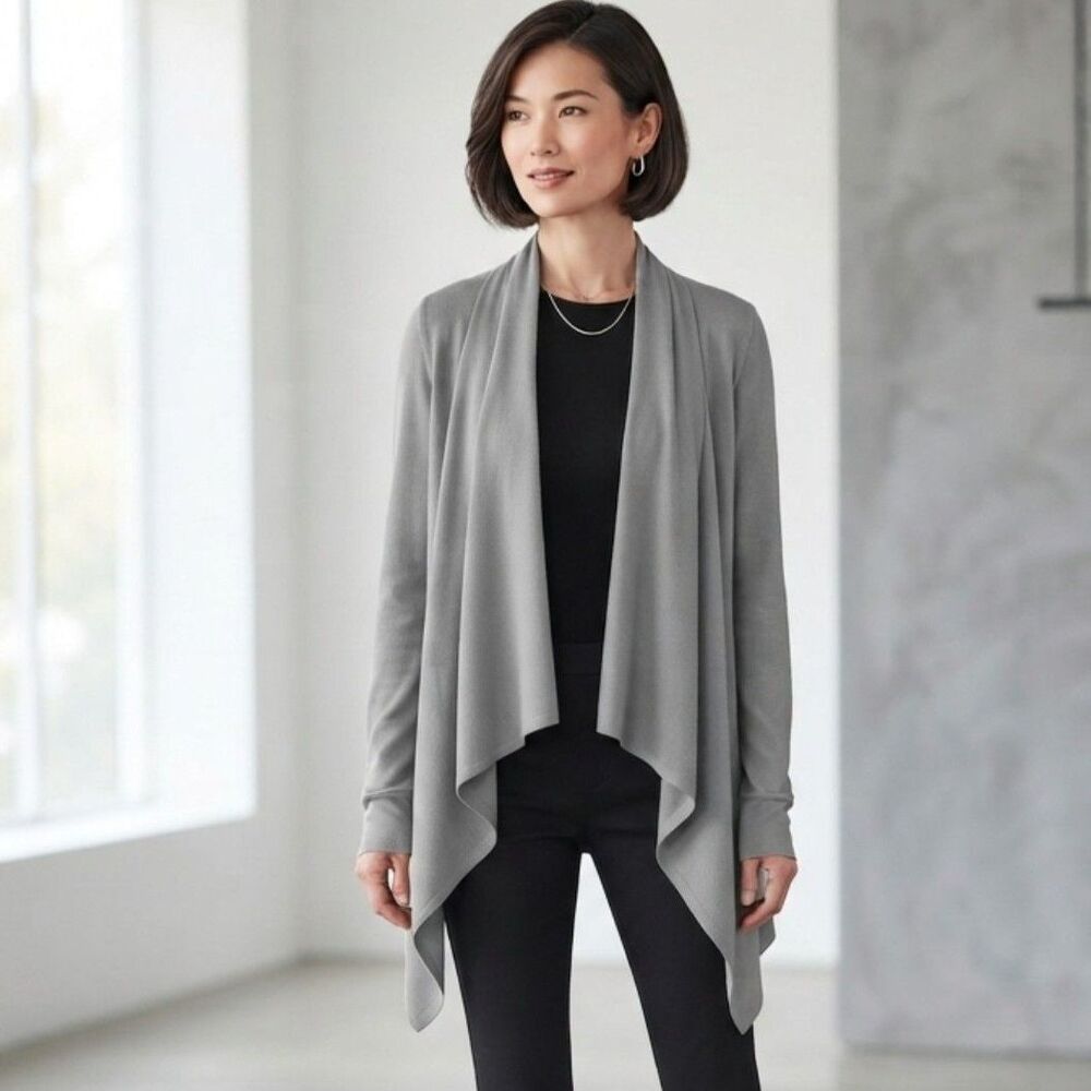 Eileen Fisher Small Gray Draped Cardigan Open Front Asymmetrical Minimalist